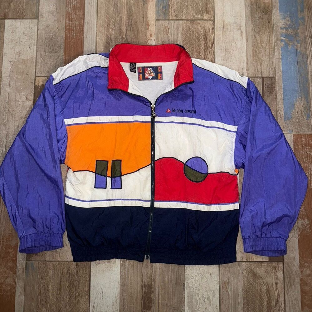 Vintage Le Coq Sportif Windbreaker Jacket XL 80s Colorblock Purple Nylon